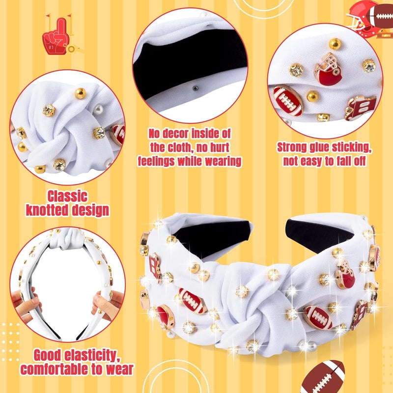 PANTIDE Football Jeweled Knotted Headband - Red Football Rhinestone Crystal Embellished Headband Wide Top Knot Fashion Hairband Mom Accessories Sports Game Day Birthday Gift for Fan Women Girl (White) - Image 3
